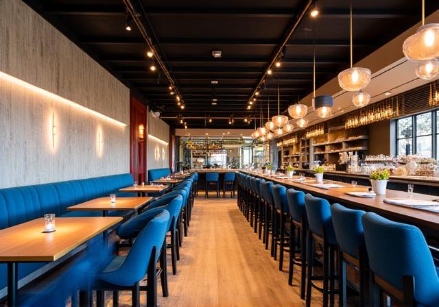 Interior of a chic and modern restaurant in Docklands.