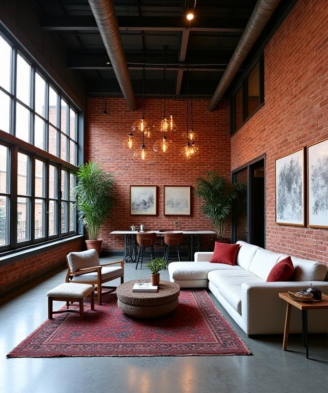 Interior of a converted warehouse in Fitzroy with exposed brick and industrial elements.
