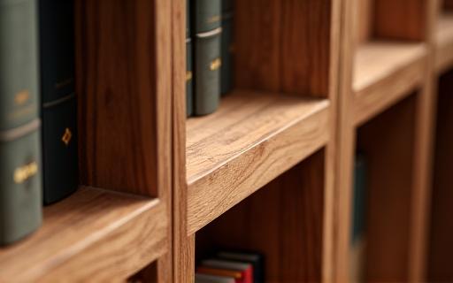 Close-up of a custom-built wooden bookshelf.