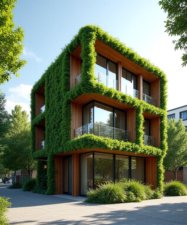 A modern building integrated with lush greenery and natural timber cladding.